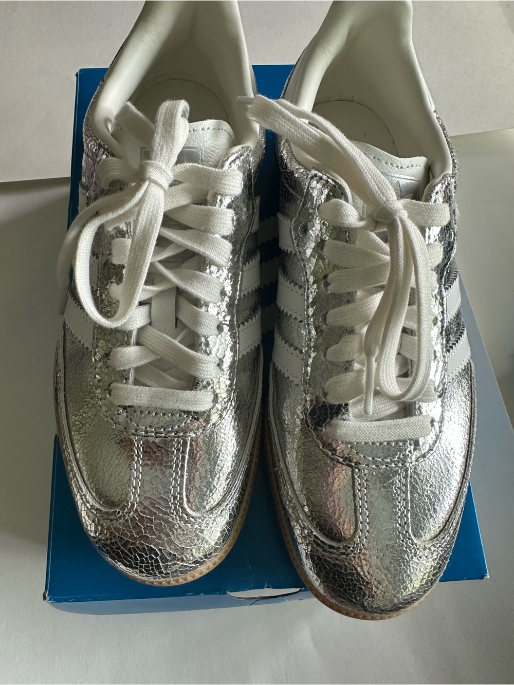 adidas Women’s Silver Metallic Sneakers with White Stripes